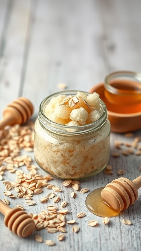 A jar of oatmeal and honey scrub surrounded by oats and honey drizzlers, highlighting the soothing skincare ingredients.
