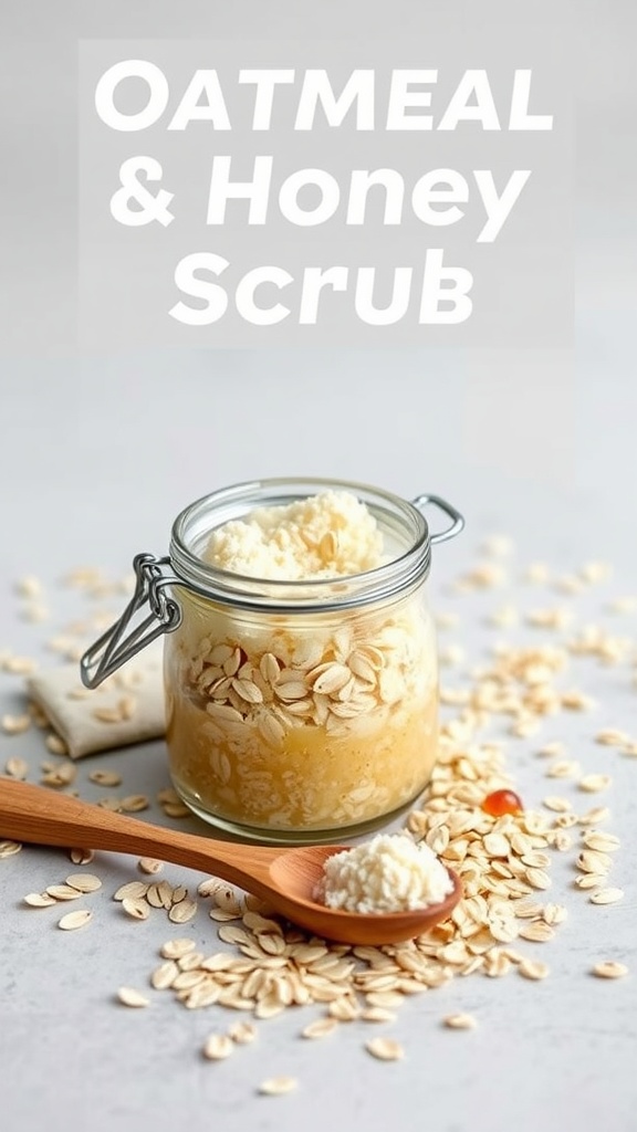 Oatmeal and Honey Scrub in a jar with oats around it
