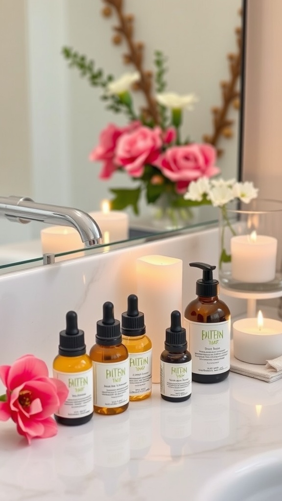 A serene bathroom countertop with a selection of nourishing oils and candles, surrounded by fresh flowers.
