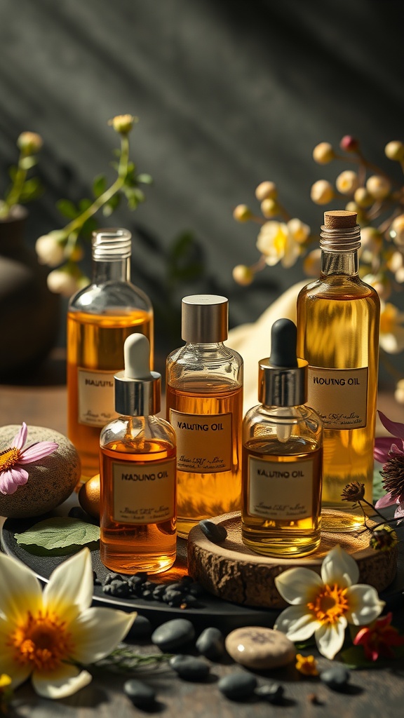 A collection of nourishing oils in elegant bottles, surrounded by flowers and stones, representing deep skin repair.