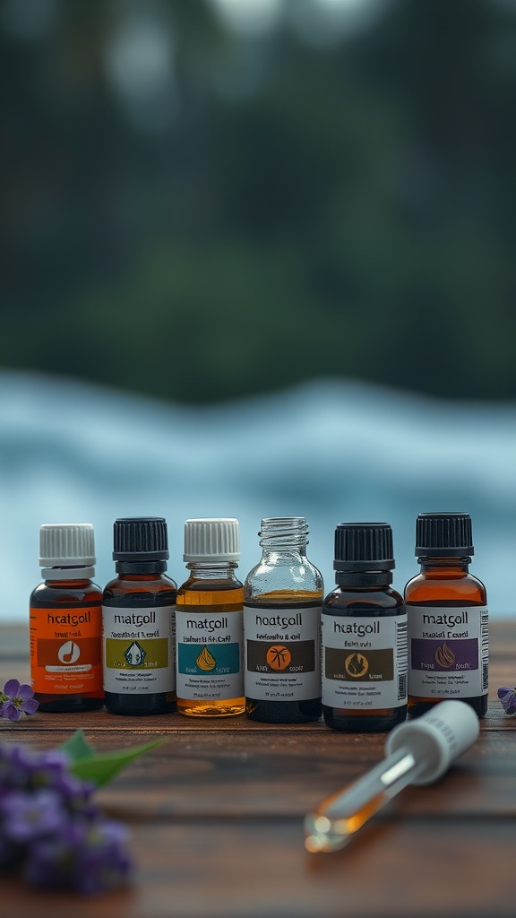 A collection of various nourishing oils for skin repair on a wooden surface.