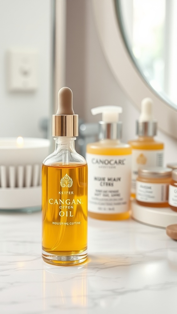 A bottle of Cangan Oil on a marble countertop with skincare products in the background.