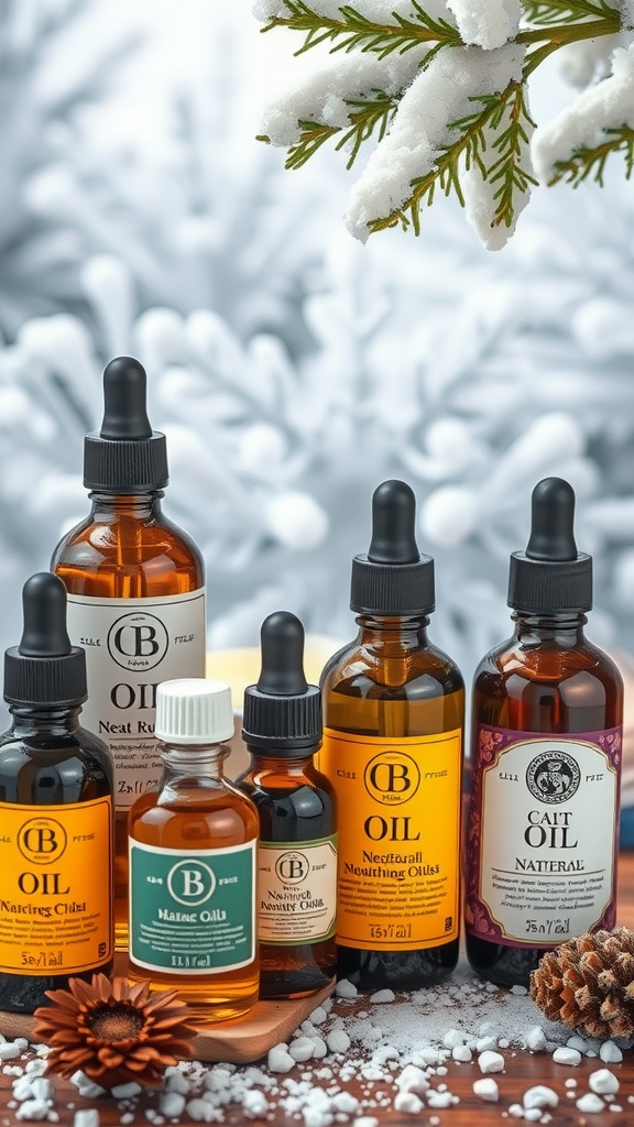 An assortment of nourishing oils for skincare, displayed on a wooden surface with a snowy background.