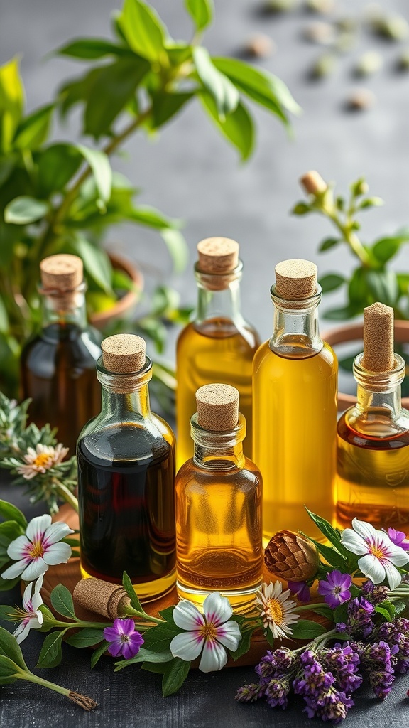 Bottles of various nourishing oils surrounded by greenery and flowers