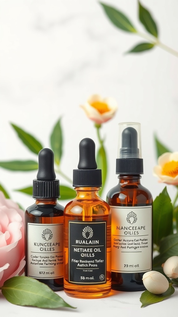 Three bottles of nourishing skincare oils with floral accents.