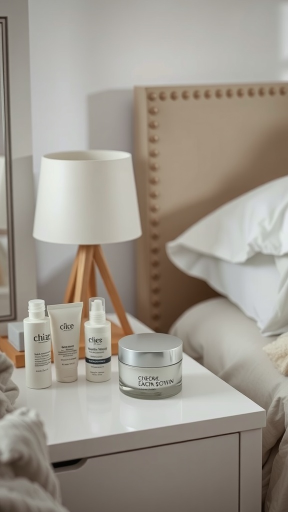 Bedside table with skincare products and a cozy lamp, ideal for a nighttime routine.
