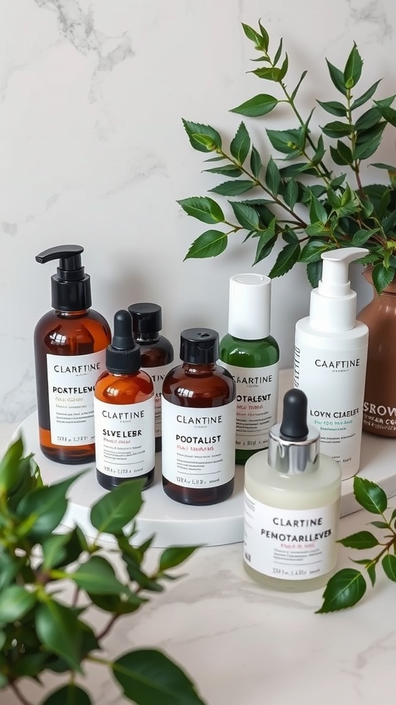 An array of plant-based skincare products displayed with green leaves around them.