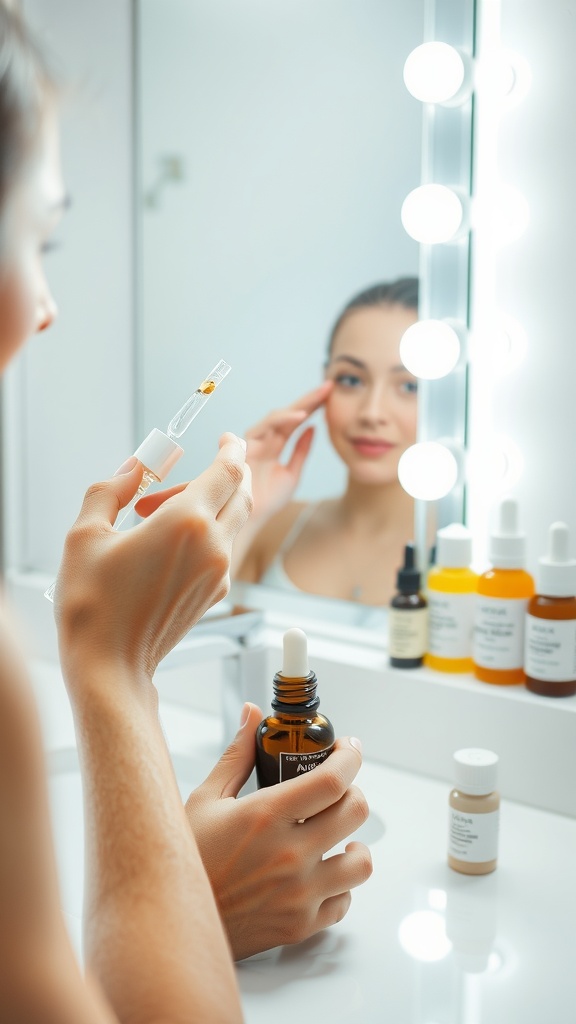 A person applying serum in front of a mirror with skincare products visible on the counter.