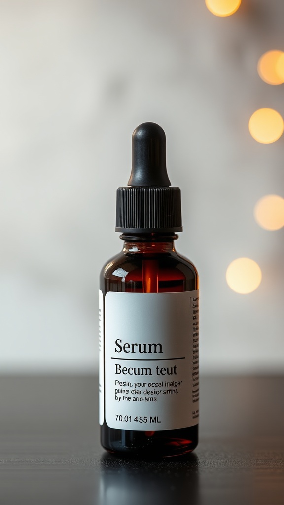 A bottle of serum with a dropper in front of a blurred background with soft lighting.
