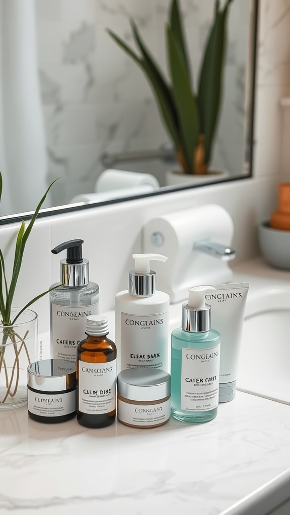 A collection of skin care products arranged neatly on a bathroom counter, showcasing a nourishing skin care routine.