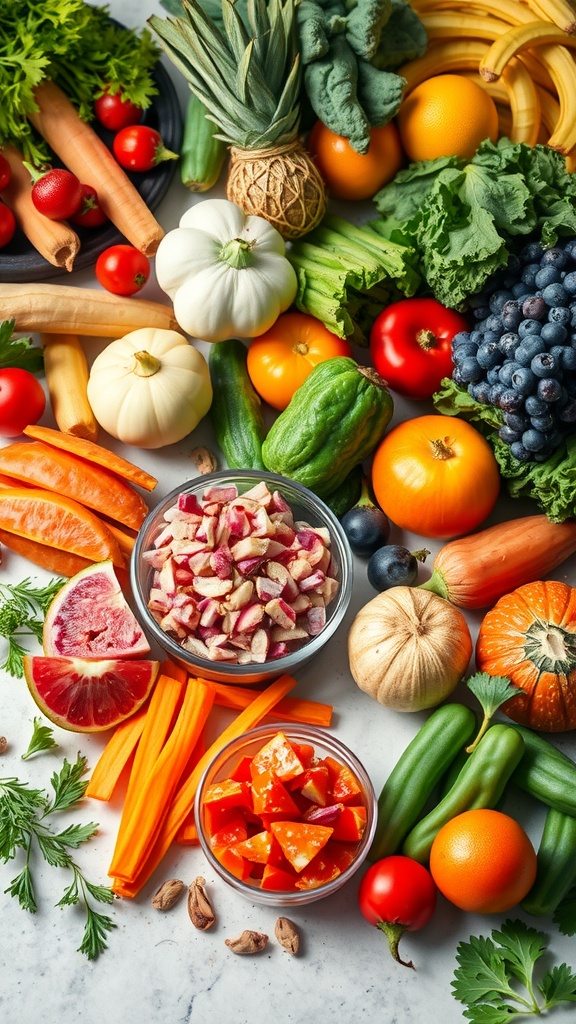 An assortment of colorful fruits and vegetables including carrots, tomatoes, oranges, and greens laid out on a marble surface.