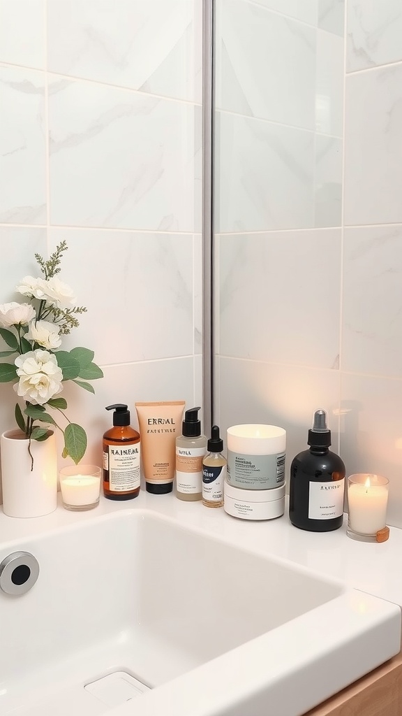 A serene skincare setup with various bottles and lit candles next to a sink.