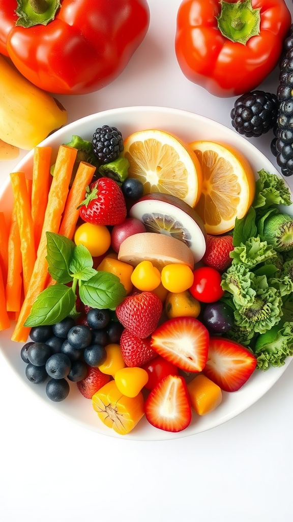 A colorful assortment of fresh fruits and vegetables on a plate, including strawberries, blueberries, yellow peppers, carrots, and greens.