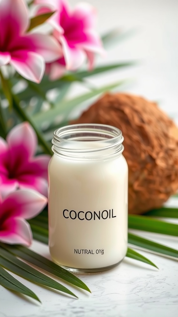 A jar of coconut oil labeled 'COCONOIL' surrounded by flowers and leaves.
