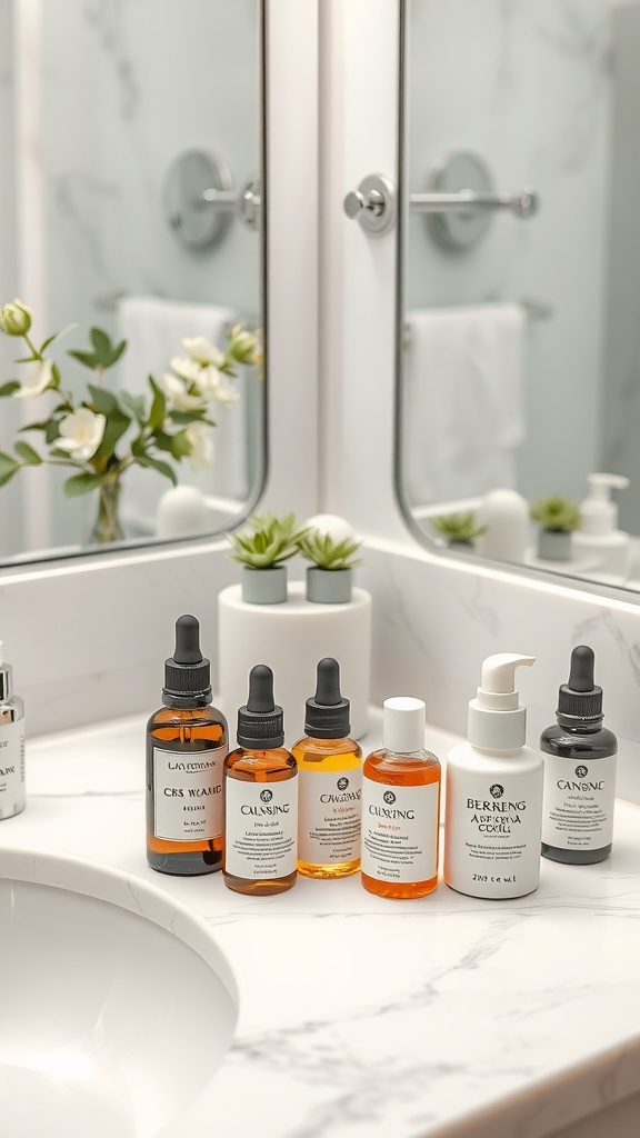 A neatly arranged set of skincare products on a marble countertop with fresh flowers.
