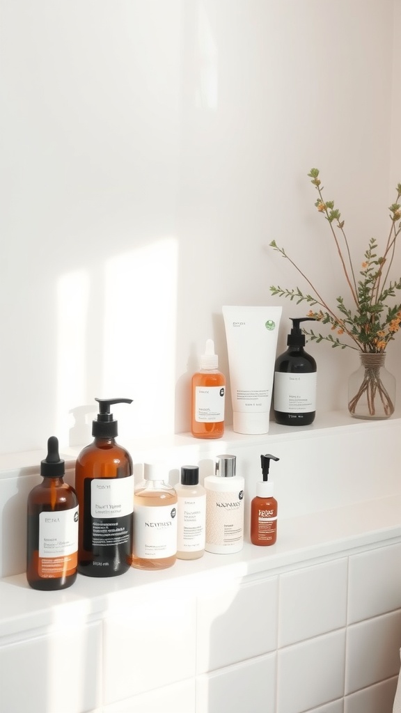 A neatly arranged shelf of skincare products in amber bottles, showcasing a variety of serums and moisturizers.