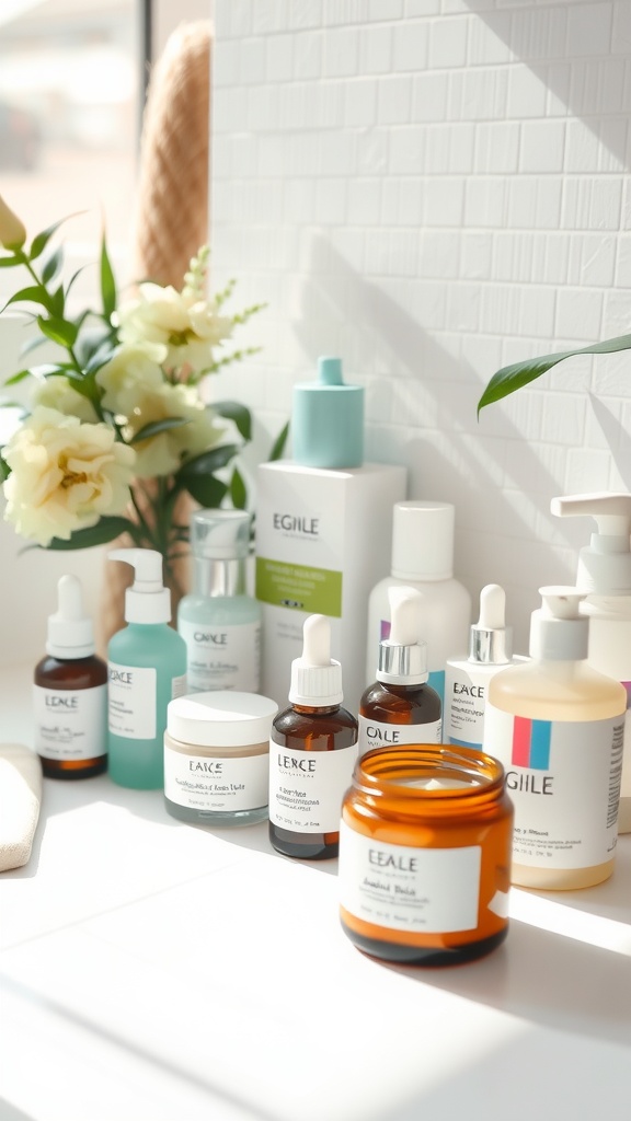 A collection of skincare products arranged on a countertop with soft lighting and flowers.