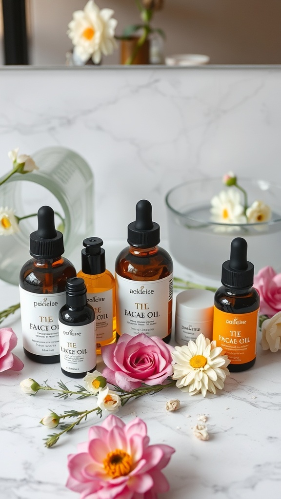 An assortment of face oils displayed on a marble surface with flowers