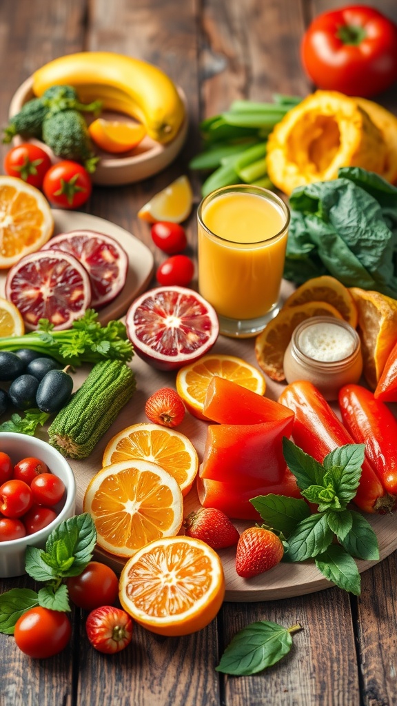 A vibrant display of fresh fruits and vegetables, including bananas, oranges, peppers, and greens, alongside a glass of juice.