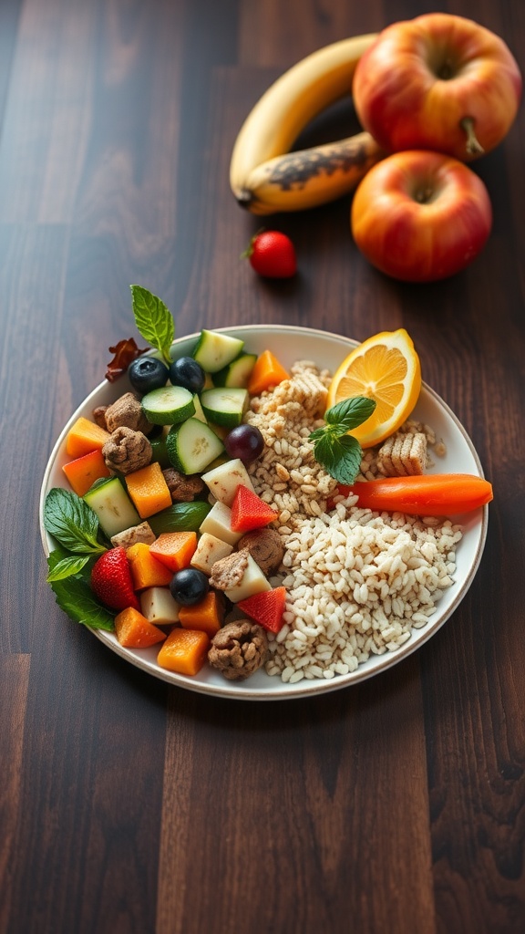 A colorful plate filled with fruits, vegetables, rice cakes, and cookies on a wooden surface.