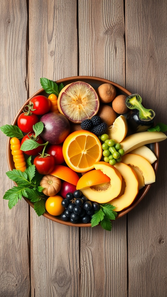 A colorful assortment of fresh fruits and vegetables on a wooden surface.