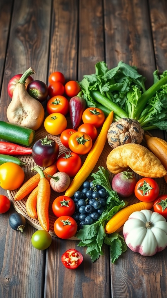A vibrant assortment of fresh vegetables and fruits arranged on a wooden surface