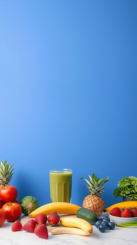 A colorful display of fresh fruits and vegetables with a green smoothie on a blue background.