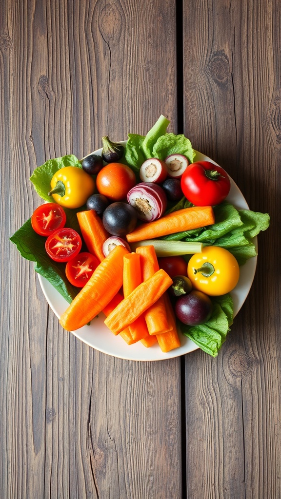 A plate of colorful fresh vegetables including carrots, tomatoes, and lettuce on a wooden table.