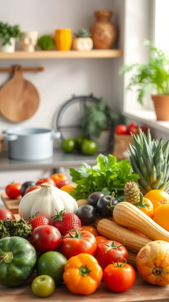 A variety of colorful fruits and vegetables arranged on a wooden table in a bright kitchen setting.