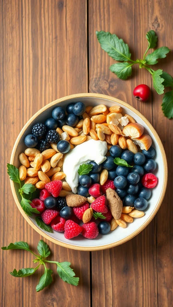 A bowl filled with mixed berries, nuts, and yogurt on a wooden table.