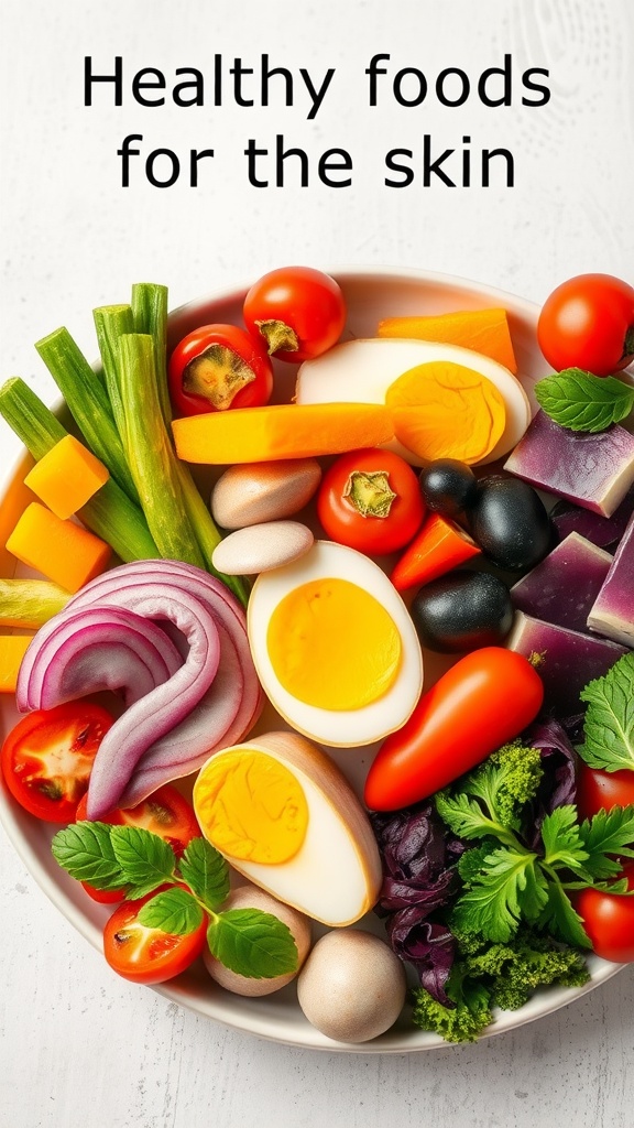 A bowl filled with various healthy foods such as vegetables, fruits, and eggs, labeled 'Healthy foods for the skin'.