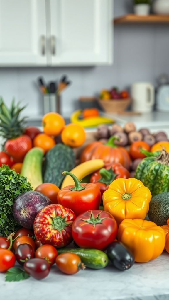 A vibrant array of fresh fruits and vegetables displayed on a marble countertop, showcasing colors and textures.
