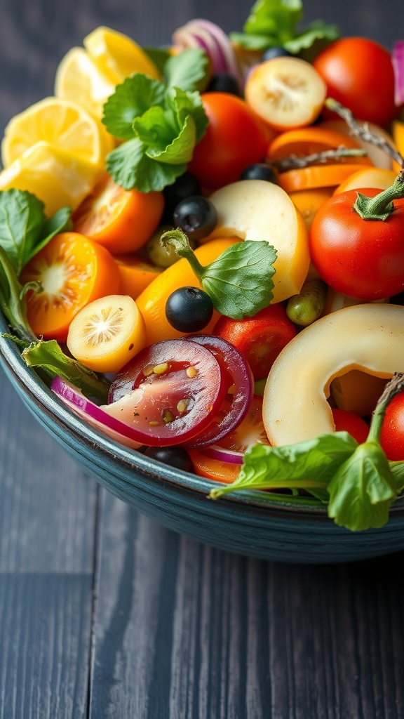 A vibrant bowl filled with colorful vegetables and fruits, including tomatoes, lemons, and leafy greens.