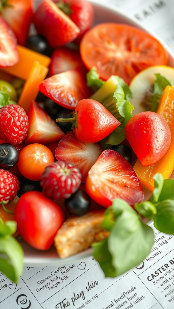 A colorful bowl of fresh fruits and vegetables including tomatoes, peppers, berries, and greens.