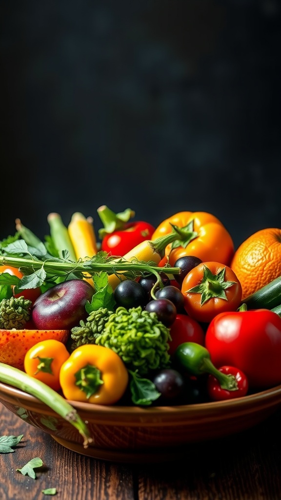 A bowl of colorful fresh vegetables and fruits on a wooden table.