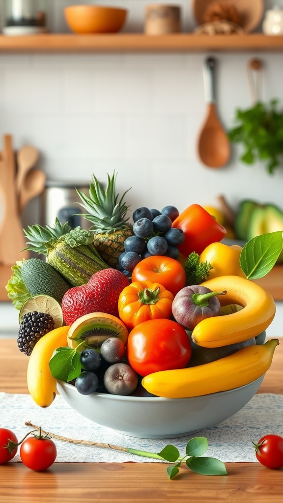A colorful bowl filled with various fruits and vegetables, showcasing healthy food choices for nourishing skin.