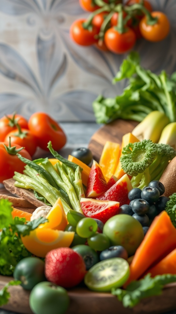 A colorful display of fresh fruits and vegetables including tomatoes, leafy greens, and berries.