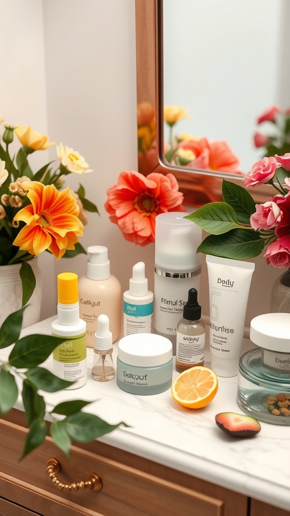A collection of natural skincare products arranged on a bathroom counter with flowers in the background.