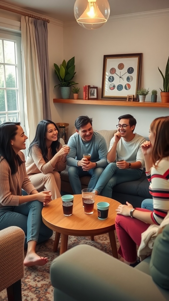 A group of friends laughing and talking in a cozy living room, enjoying each other's company.
