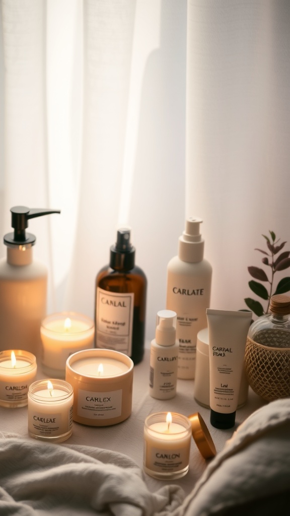 A cozy arrangement of skincare products and candles on a table, creating a calming self-care atmosphere.