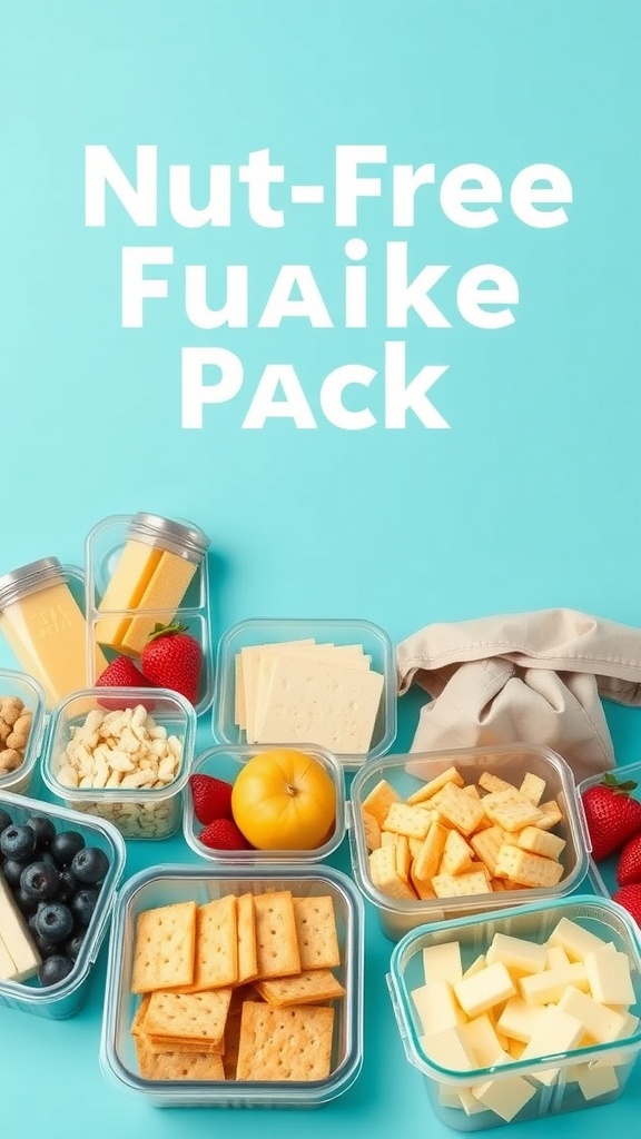 Colorful nut-free snack packs with cheese, crackers, fruits, and crunchy treats.