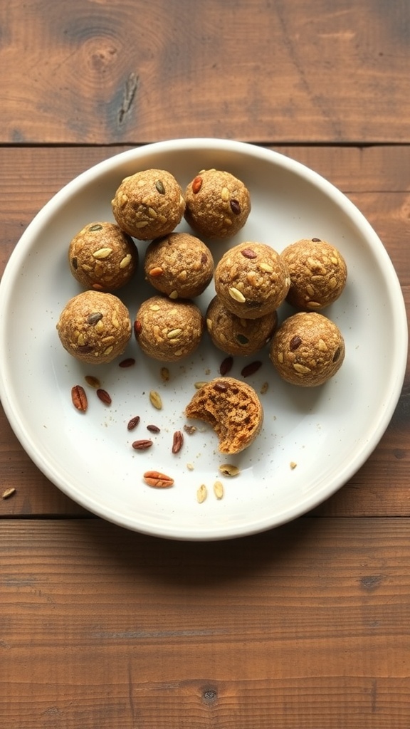 A plate of nut and seed energy bites made from oats, nuts, and seeds.
