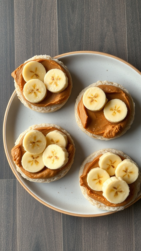 Rice cakes topped with nut butter and banana slices on a plate.