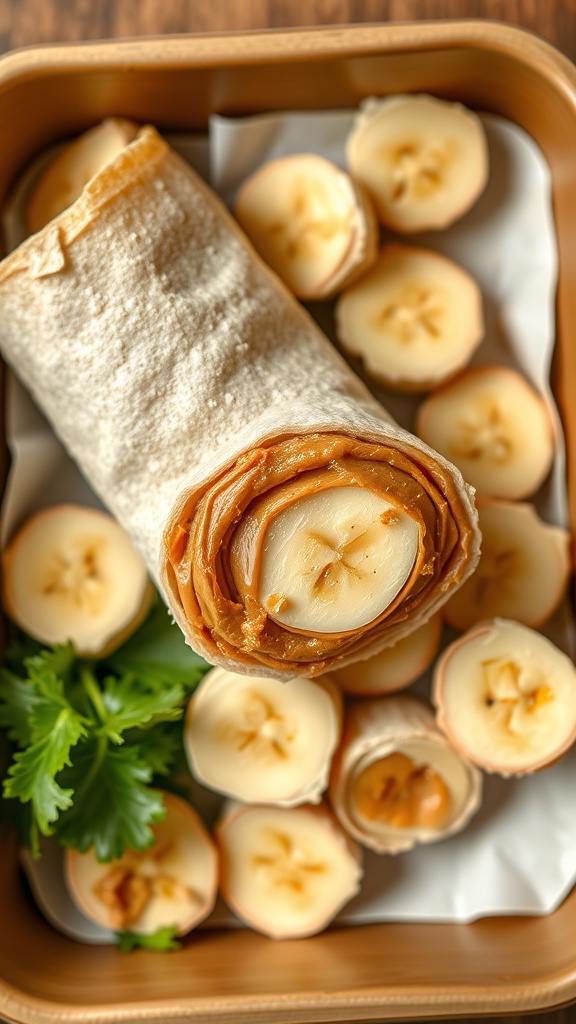 Nut butter and banana roll-ups in a lunchbox with banana slices