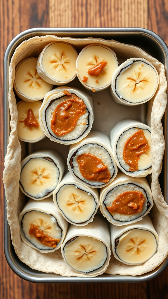 Nut Butter and Banana Sushi rolls ready for a lunchbox.
