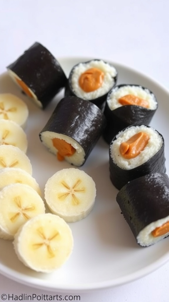 Nut Butter and Banana Sushi Rolls on a plate with sliced bananas
