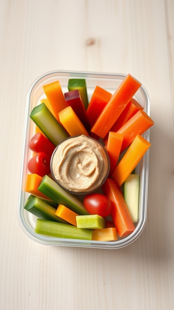 A bento box filled with colorful veggie sticks and a small container of nut butter.