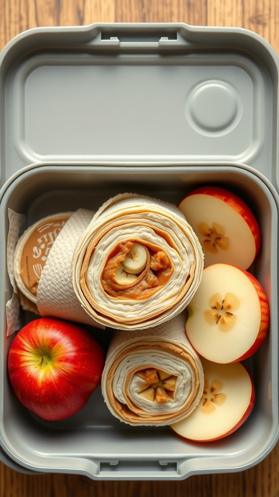 Nut Butter Banana Wraps packed in a lunchbox with fresh fruit.