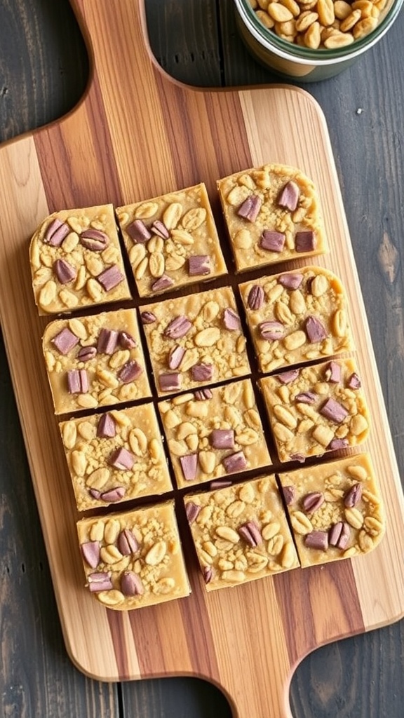Nut Butter Energy Bars neatly arranged on a wooden cutting board.