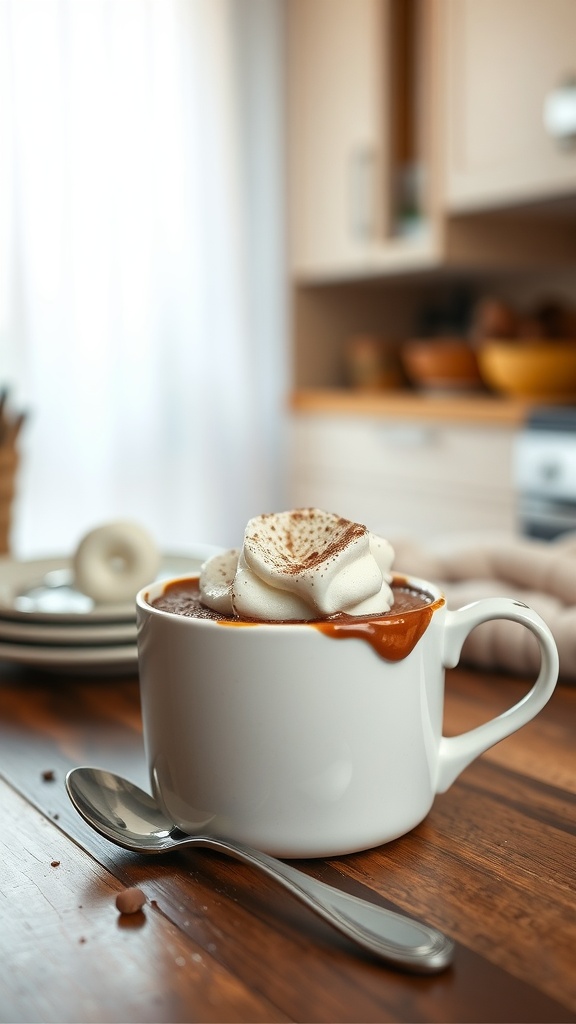 A delicious Nutella mug cake topped with whipped cream, served in a white mug.